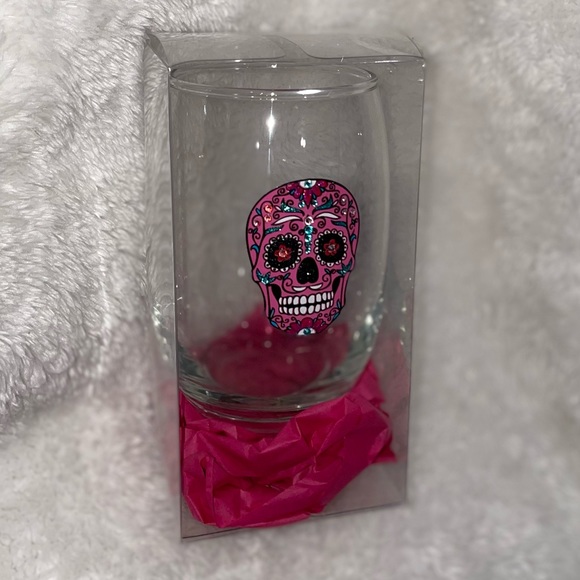 BLING GLITTER & SWAROVSKI CRYSTALS PINK & TEAL SUGAR SKULL STEMLESS WINE GLASS - Picture 11 of 12
